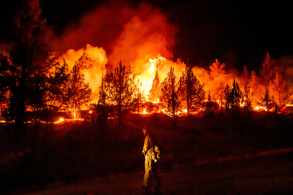 FILE - A firefighter monitors a firing operation while battling a wildfire called the Bench Fire in Warm Springs, Ore., July 25, 2026. (AP Photo/Noah Berger, File)