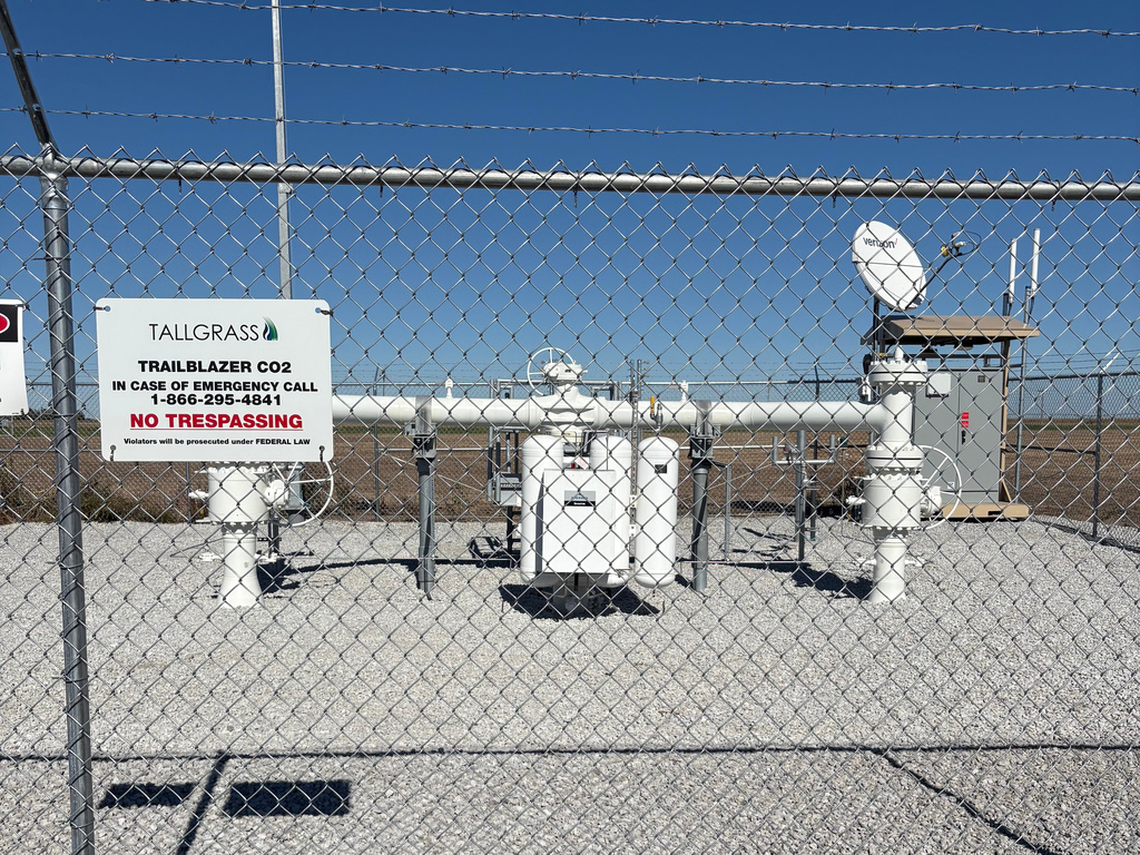 A facility along the Tallgrass Trailblazer carbon dioxide pipeline is seen Oct. 17, 2025, near Glenvil, Neb. (S. Andreasen via AP)