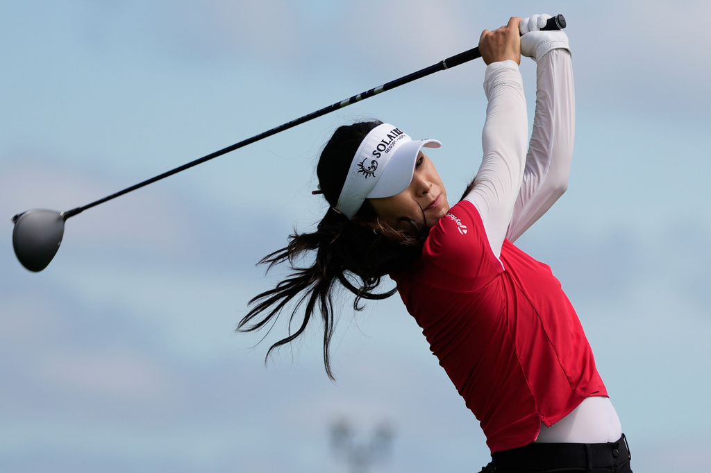 Ina Yoon, of South Korea, hits from the third tee during the first round of the Women's PGA Championship golf tournament, Thursday, June 25, 2026, in Chaska, Minn. (AP Photo/Chris Carlson)