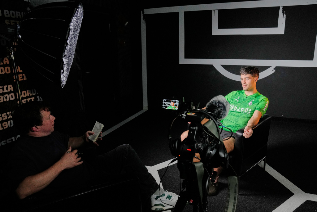 American soccer player Gio Reyna talks during an interview with The Associated Press at the stadium of his Bundesliga club Borussia Moenchengladbach in Moenchengladbach, Germany, Tuesday, Oct. 21, 2025. (AP Photo/Martin Meissner)