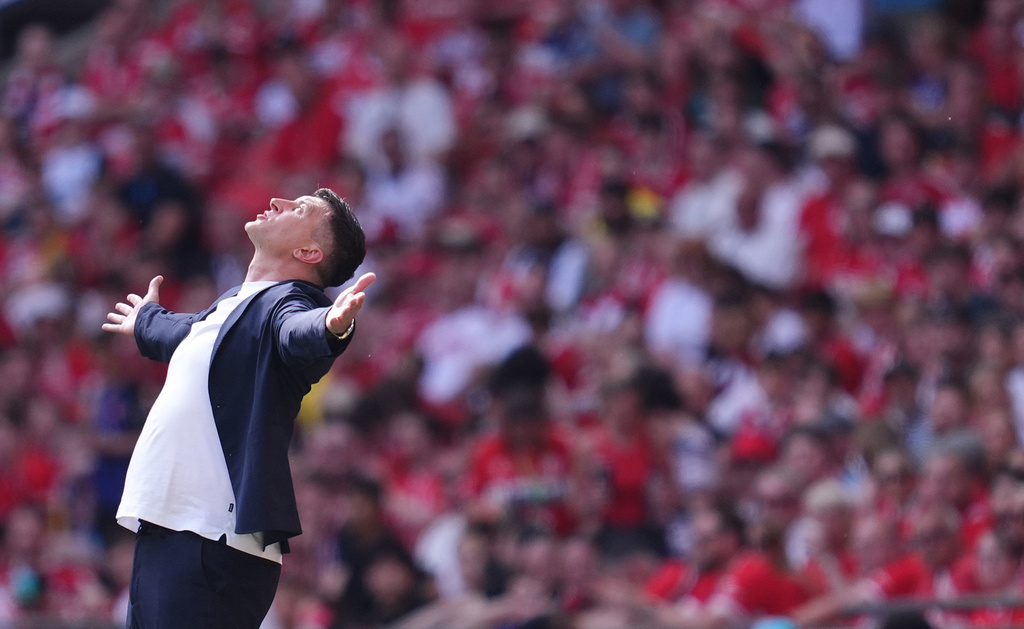 Hull City manager Sergej Jakirovic reacts on the touchline during the Championship play-off final between Hull City and Middlesbrough at Wembley Stadium, London, Saturday May 23, 2026. (Adam Davy/PA via AP)