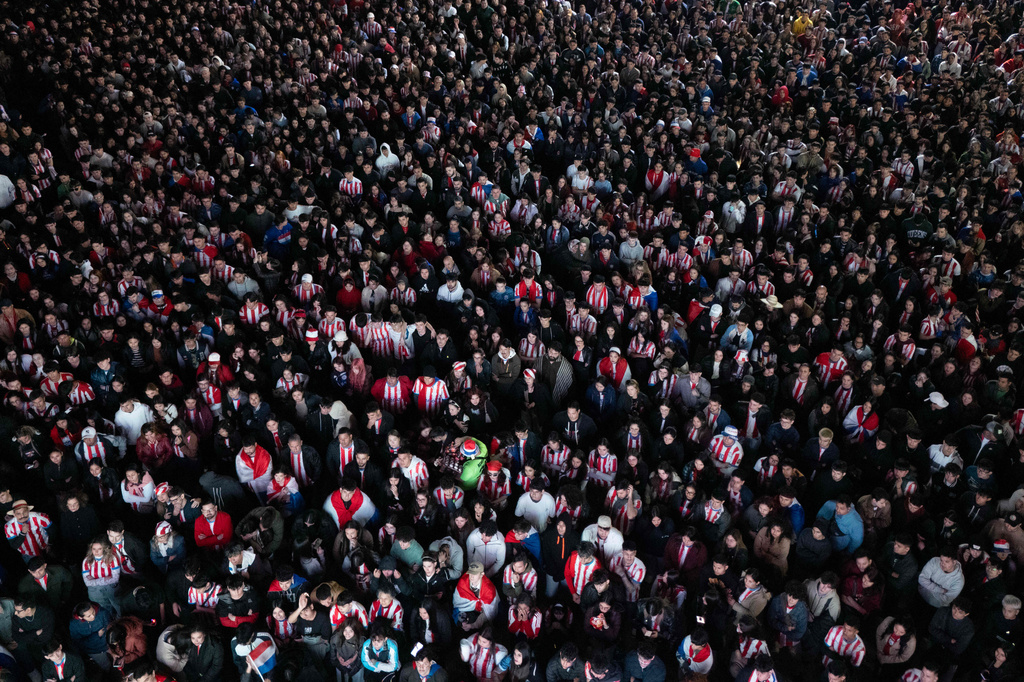 Paraguay fans watch the World Cup Group D soccer match between the United States and Paraguay in Asuncion, Paraguay Friday, June 12, 2026. (AP Photo/Jorge Saenz)