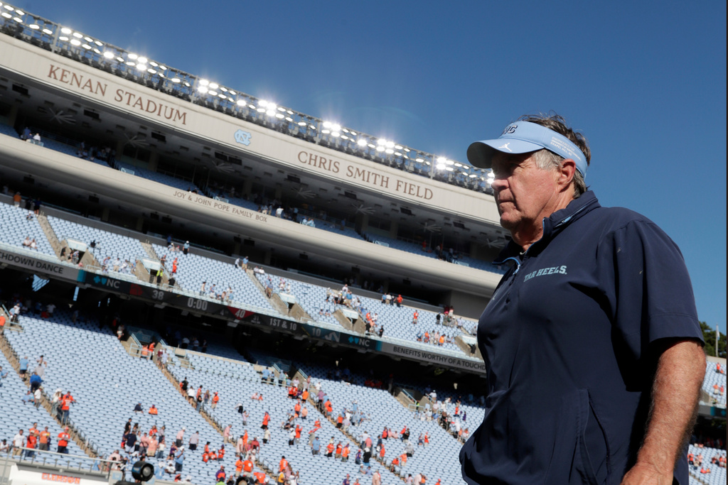 North Carolina head coach Bill Belichick walks off the field after losing to Clemson in an NCAA college football game against Clemson, Saturday, Oct. 4, 2025, in Chapel Hill, N.C. (AP Photo/Chris Seward)