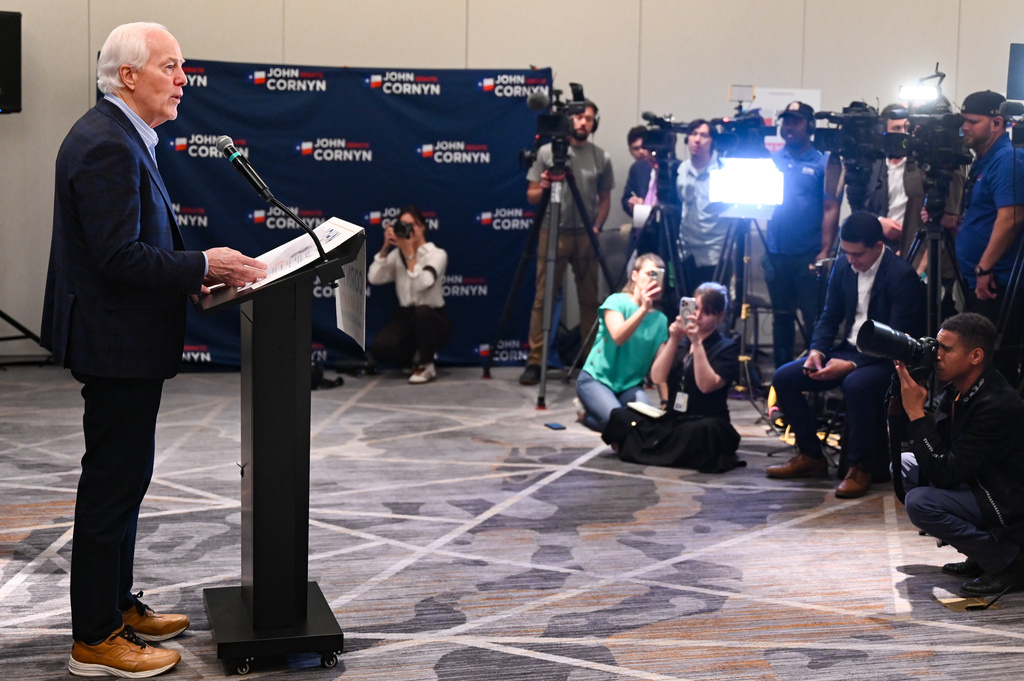 Sen. John Cornyn, R-Texas, speaks to the media Tuesday, March 3, 2026, in Austin, Texas. (AP Photo/Jack Myer)