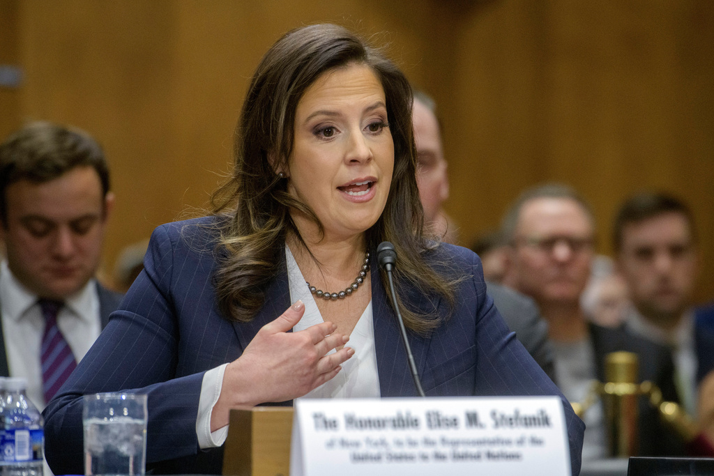 FILE - Rep. Elise Stefanik, R-N.Y., President Donald Trump's nominee to be the United Nations Ambassador, testifies during a Senate Committee on Foreign Relations hearing for her pending confirmation on Capitol Hill, Tuesday, Jan. 21, 2025, in Washington. (AP Photo/Rod Lamkey, Jr., File)