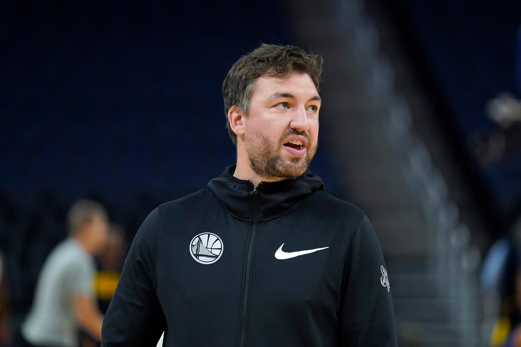 FILE - Golden State Warriors assistant coach Chris DeMarco stands before an NBA preseason basketball game against the Denver Nuggets in San Francisco, Oct. 14, 2022. (AP Photo/Jeff Chiu, File)