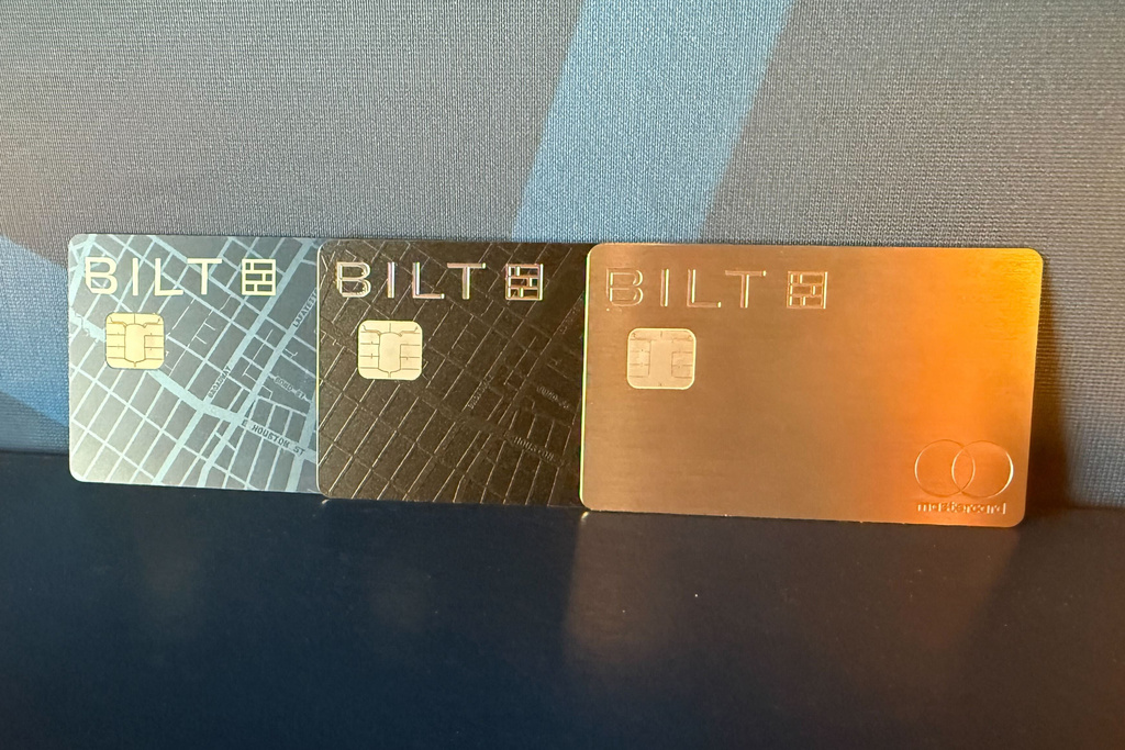 Bilt Obsidian Card, Palladium Card and Blue Card are shown on Wednesday, Jan. 14, 2026 in New York. (AP Photo/Ken Sweet)