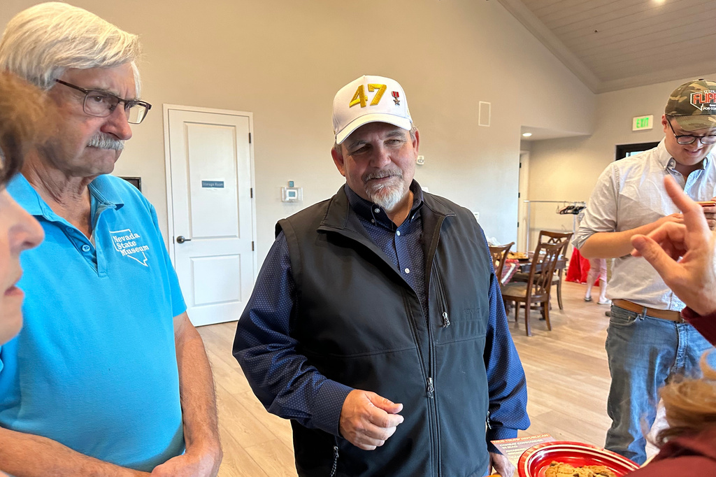 David Flippo, a Republican candidate for Congress in Nevada's 2nd district, speaks to attendees of a campaign event in Genoa, Nev., Tuesday, May 19, 2026. (AP Photo/Jessica Hill)