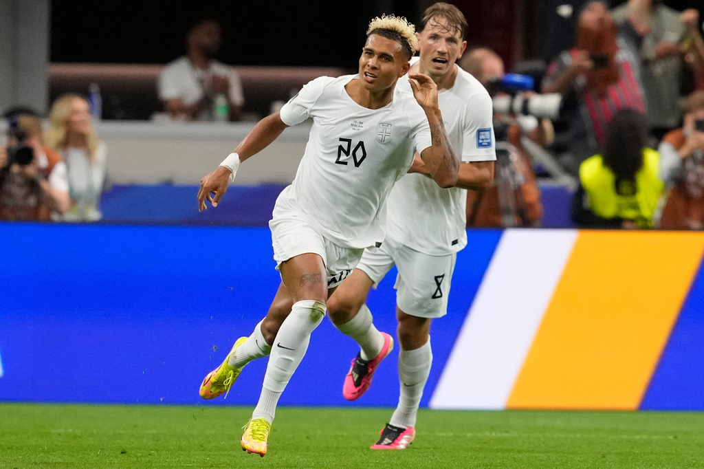 Norway's Antonio Nusa (20) celebrates after scoring the opening goal of his team during the World Cup round of 32 soccer match between Ivory Coast and Norway in Arlington, Texas, near Dallas, Tuesday, June 30, 2026.(AP Photo/Tony Gutierrez)
