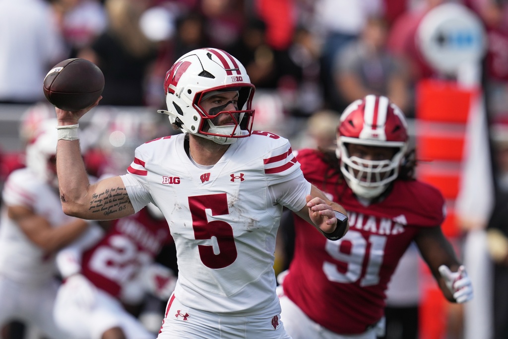 Wisconsin quarterback Carter Smith throws during the first half of an NCAA college football game against Indiana, Saturday, Nov. 15, 2025, in Bloomington, Ind. (AP Photo/Darron Cummings)
