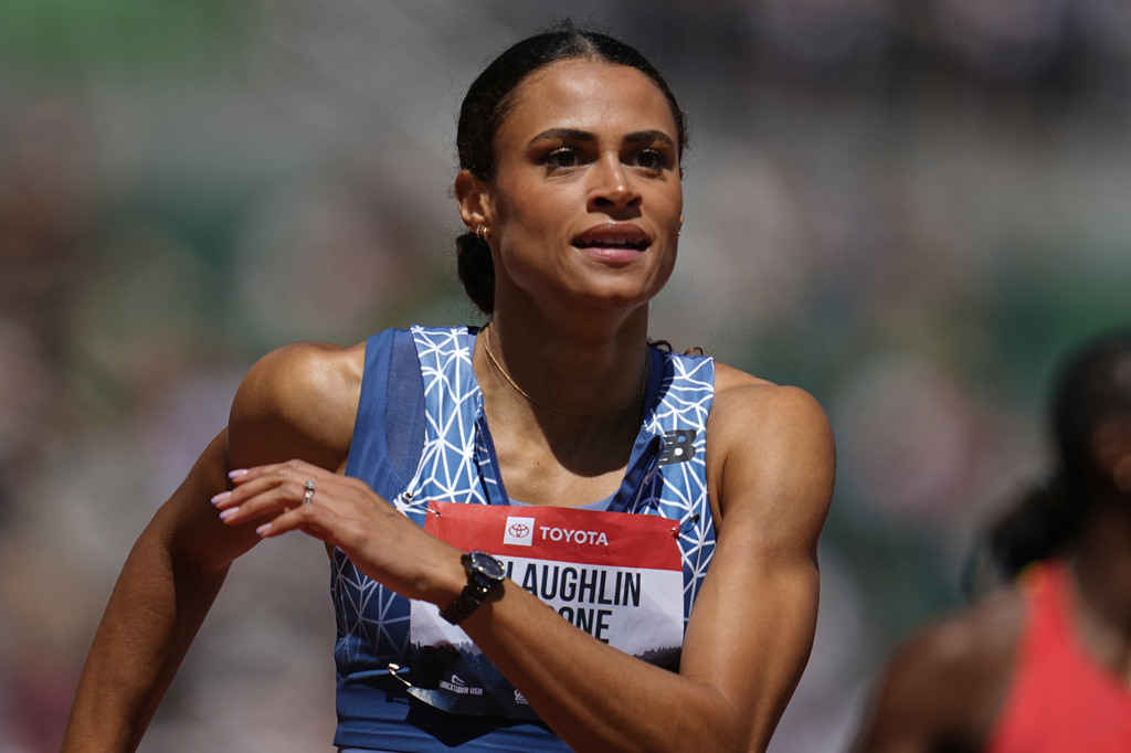 Sydney McLaughlin-Levrone reacts after winning the women's 400-meter final at the U.S. Championships athletics meet in Eugene, Ore., Saturday, Aug. 2, 2025. (AP Photo/Abbie Parr)