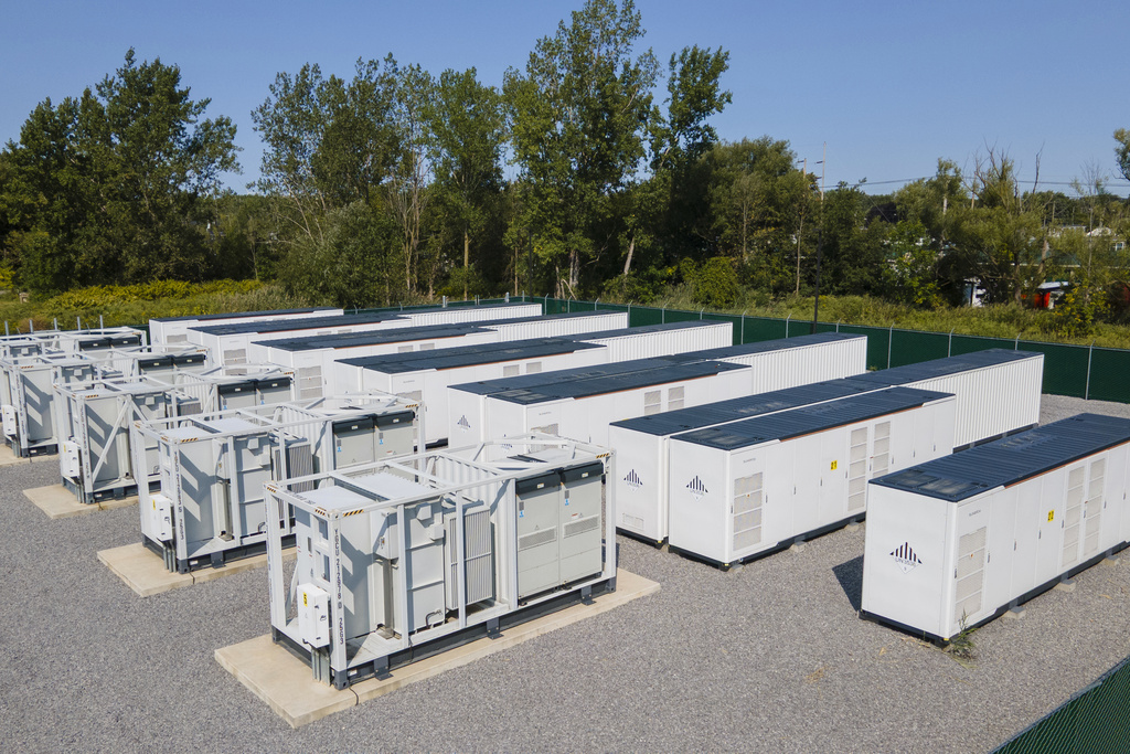 A large lithium battery energy storage system operated by Key Capture Energy that can power 15,000 homes for two hours during outages or high demand is shown in Blasdell, N.Y., Tuesday, Sept. 9, 2025. (AP Photo/Ted Shaffrey)