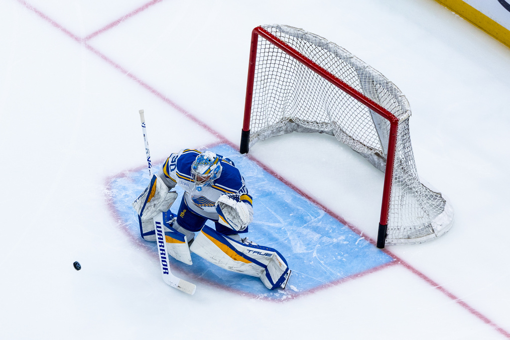 St. Louis Blues goaltender Joel Hofer warms up before an NHL hockey game against the Seattle Kraken, Wednesday, March 4, 2026, in Seattle. (AP Photo/Maddy Grassy)