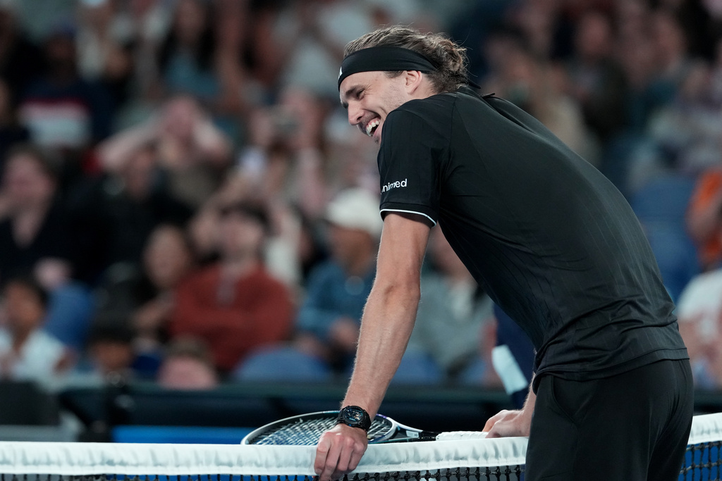 Alexander Zverev of Germany reacts during his second round match against Alexandre Muller of France iat the Australian Open tennis championship in Melbourne, Australia, Wednesday, Jan. 21, 2026. (AP Photo/Aaron Favila)