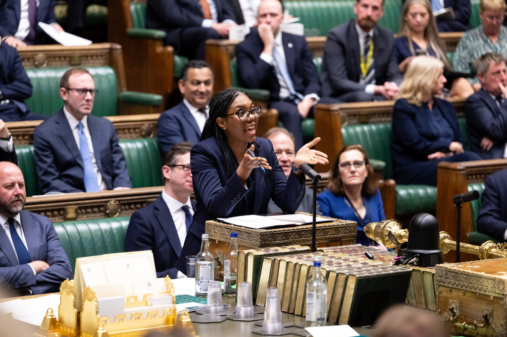 Leader of Britain's Conservative party Kemi Badenoch speaks during a debate on a motion on Privileges in the House of Commons in London, Tuesday, April 28, 2026. (House of Commons via AP)