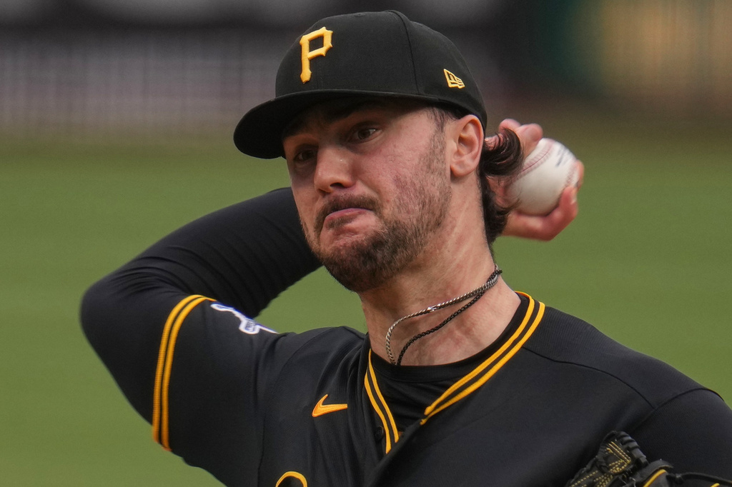 Pittsburgh Pirates pitcher Paul Skenes delivers during the first inning of a baseball game against the St. Louis Cardinals in Pittsburgh, Thursday, April 30, 2026. (AP Photo/Gene J. Puskar)