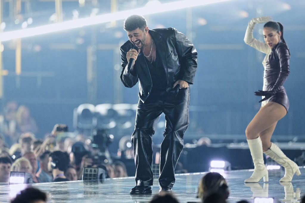 Noam Bettan from Israel performs the song "Michelle" during the dress rehearsal for the first semifinal of the 70th Eurovision Song Contest in Vienna, Austria, Monday, May 11, 2026. (AP Photo/Martin Meissner)