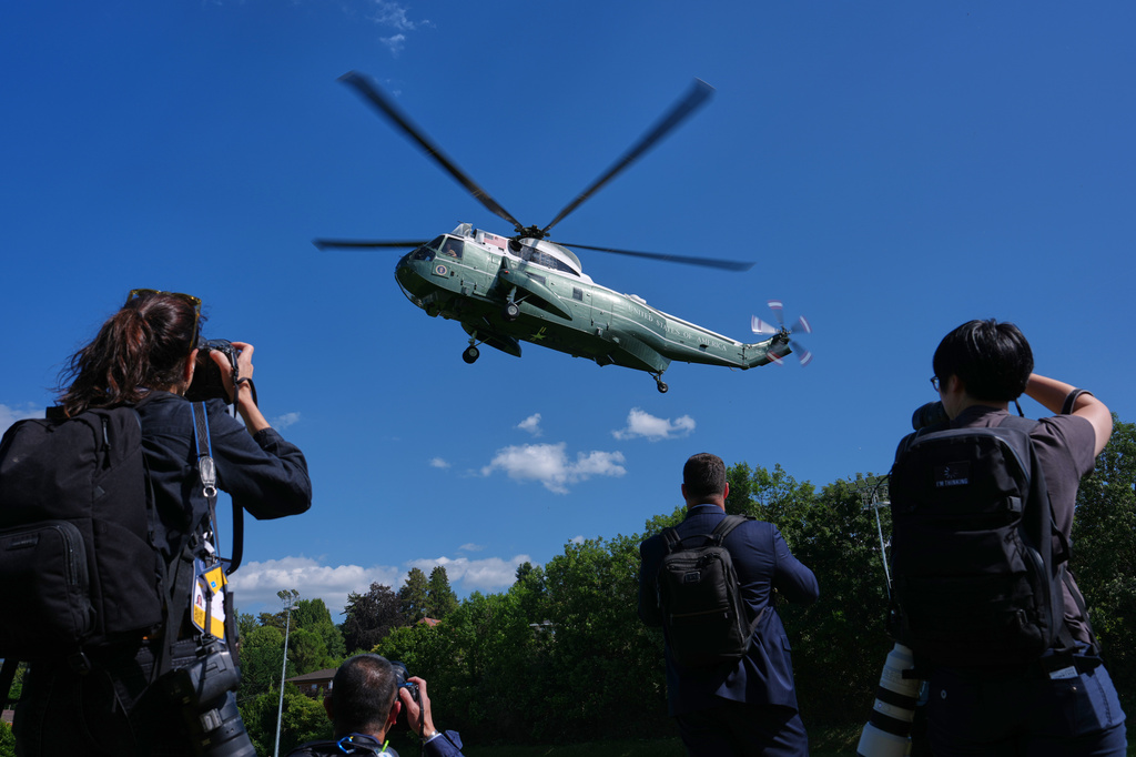 Marine One, with President Donald Trump aboard, arrives for the G7 summit, Monday, June 15, 2026, in Evian-les-Bains, France. (AP Photo/Julia Demaree Nikhinson)