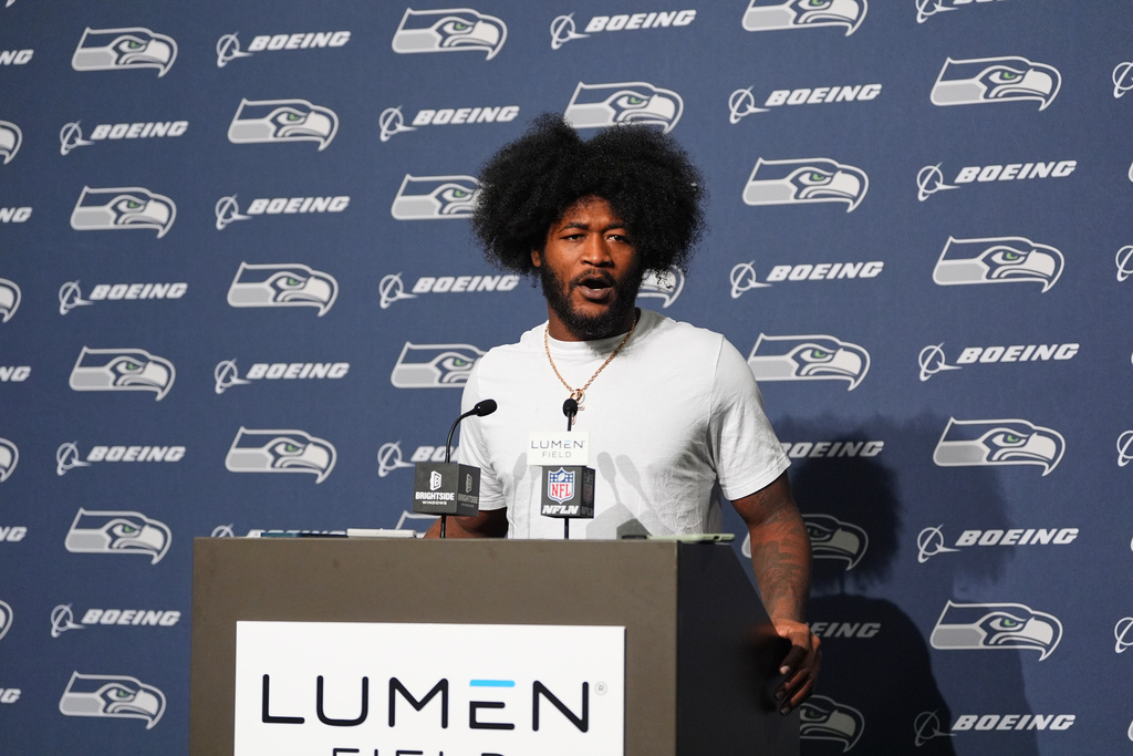 Seattle Seahawks' Ernest Jones IV responds to questions during a news conference after an NFL football game against the Houston Texans Monday, Oct. 20, 2025, in Seattle. (AP Photo/Lindsey Wasson)
