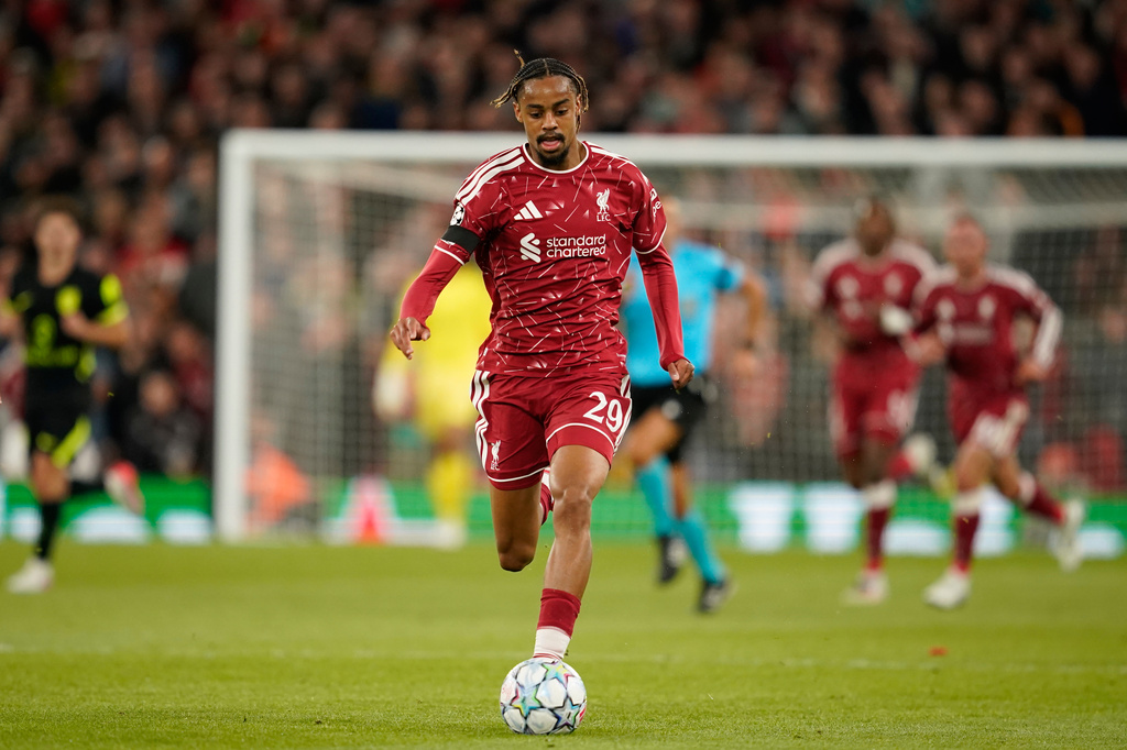 Liverpool's Bradley Barcola runs with the ball during the Champions League opening phase soccer match between Liverpool and Atletico Madrid in Liverpool, England, Wednesday, Sept. 9, 2026. (AP Photo/Dave Thompson)
