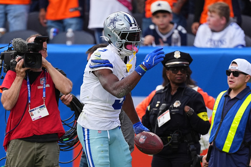 Dallas Cowboys wide receiver George Pickens (3) celebrates a catch for a first down in the second half of an NFL football game against the Denver Broncos Sunday, Oct. 26, 2025, in Denver. (AP Photo/David Zalubowski) Dallas Cowboys wide receiver George Pickens (3) celebrates a catch for a first down in the second half of an NFL football game against the Denver Broncos Sunday, Oct. 26, 2025, in Denver. (AP Photo/David Zalubowski)