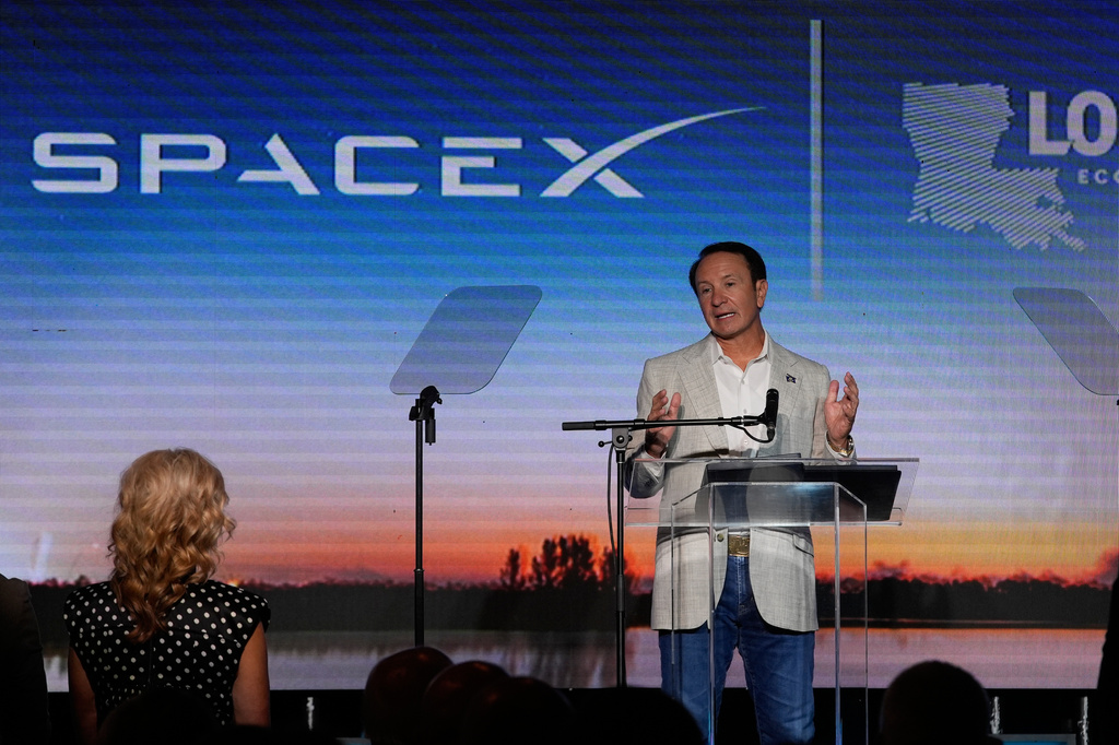 Louisiana Gov. Jeff Landry speaks during an event with SpaceX announcing a deal to build a new spaceport in his state, Tuesday, Aug. 25, 2026, in Abbeville, La. (AP Photo/Gerald Herbert)