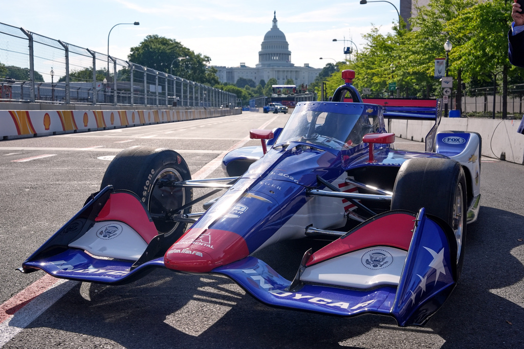A car on display on the track ahead of the Freedom 250 Grand Prix auto race, shown Friday, Aug. 21, 2026, in Washington. (AP Photo/Alex Brandon)