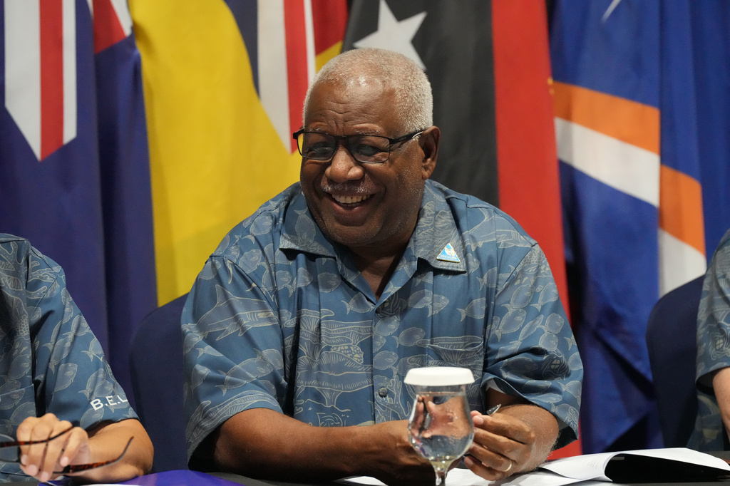 Solomon Islands Foreign Minister Rick Houenipwela reacts during a news conference at the Pacific Islands Forum Leaders Meeting in Koror, Palau, Thursday, Sept. 3, 2026. (AP Photo/Charlotte Graham-McLay)