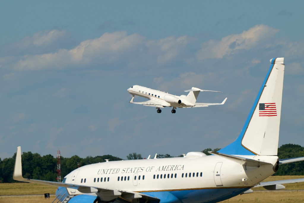 Air Force Two, with Vice President JD Vance and second lady Usha Vance on board, departs Joint Base Andrews, Md., Saturday, June 20, 2026, en route to Switzerland. (Elizabeth Frantz/Pool Photo via AP)
