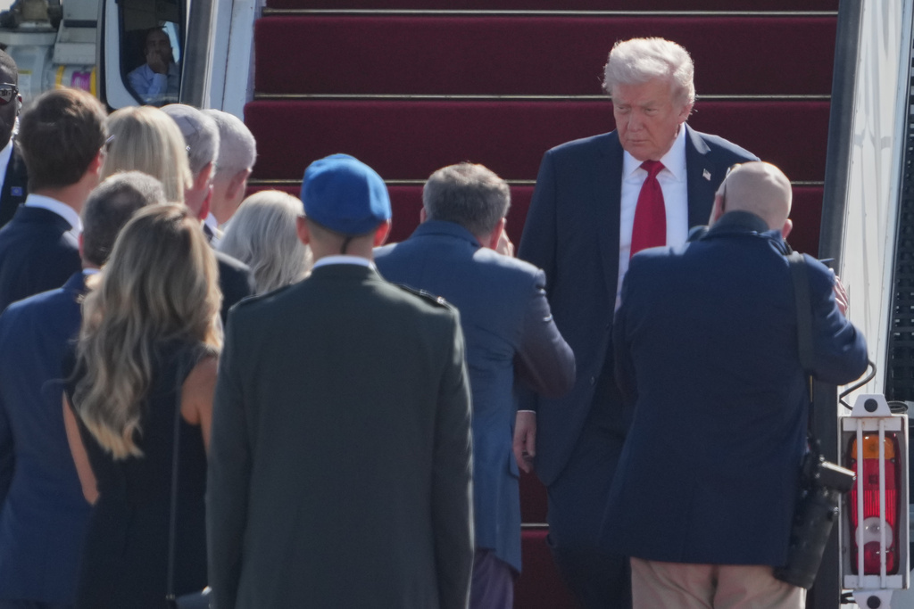 President Donald Trump arrives on Air Force One at Ben Gurion Airport near Tel Aviv, Israel, Monday, Oct. 13, 2025. (AP Photo/Ariel Schalit)