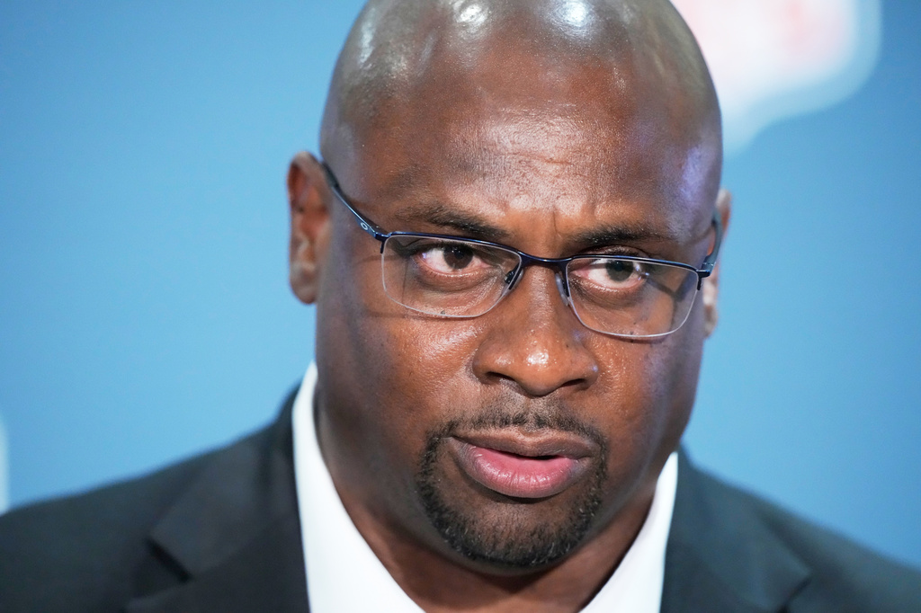 Troy Vincent speaks during a news conference at an NFL football owners meeting on Wednesday, Aug. 26, 2026, in Atlanta. (AP Photo/Brynn Anderson)