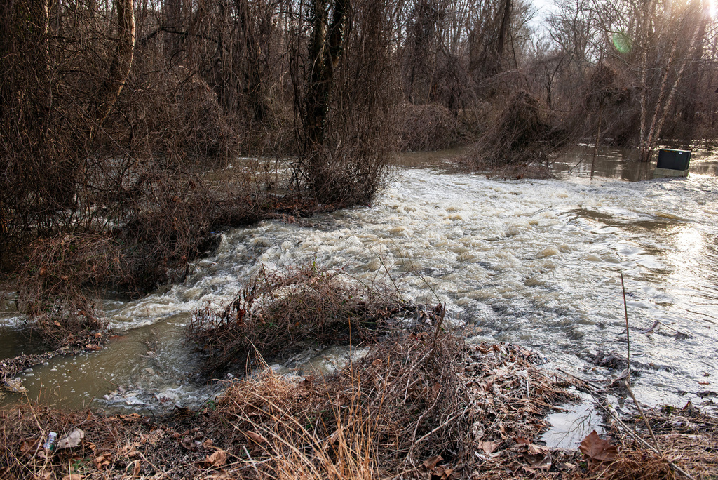 Raw sewage flows into the Potomac River after a massive sewage pipe rupture in Glen Echo, Md., Friday, Jan. 23, 2026. (AP Photo/Cliff Owen)