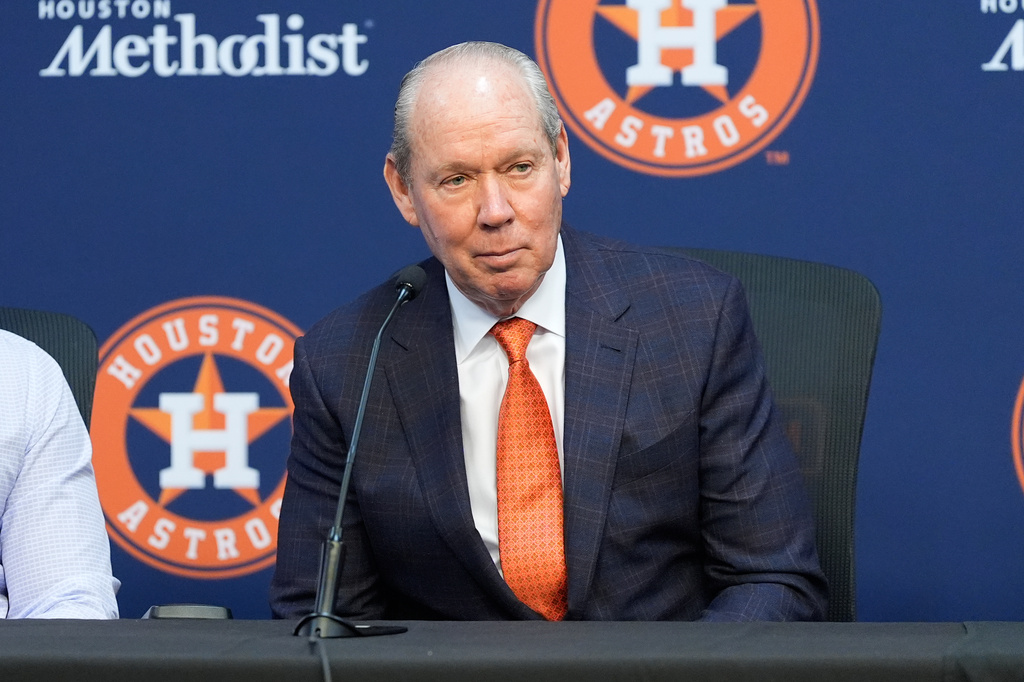 FILE - Houston Astros owner Jim Crane speaks during a press conference in Houston, Monday, Jan. 5, 2026. (AP Photo/Ashley Landis, File)