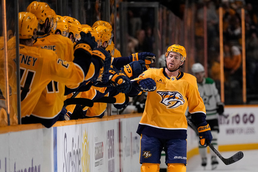 Nashville Predators center Jonathan Marchessault celebrates his goal with teammates during the first period of an NHL hockey game against the Dallas Stars, Sunday, Oct. 26, 2025, in Nashville, Tenn. (AP Photo/George Walker IV) Nashville Predators center Jonathan Marchessault celebrates his goal with teammates during the first period of an NHL hockey game against the Dallas Stars, Sunday, Oct. 26, 2025, in Nashville, Tenn. (AP Photo/George Walker IV)