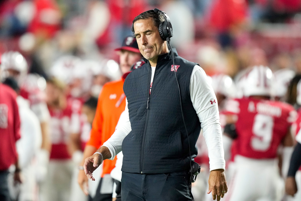 Wisconsin coach Luke Fickell reacts during the second half of an NCAA college football game against Iowa, Saturday, Oct. 11, 2025, in Madison, Wis. (AP Photo/Andy Manis)