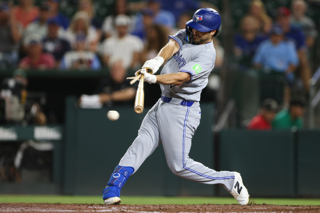 Toronto Blue Jays' Josh Smith grounds into a double play that resulting in an RBI during the sixth inning of a baseball game against the Athletics Tuesday, Sept. 8, 2026, in West Sacramento, Calif. (AP Photo/Scott Marshall)
