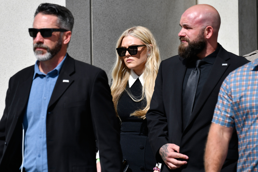 Erika Kirk leaves the Fourth District Courthouse, Monday, July 6, 2026, in Provo, Utah, after a hearing for Tyler Robinson, accused in the fatal shooting of Charlie Kirk. (AP Photo/Marielle Scott)