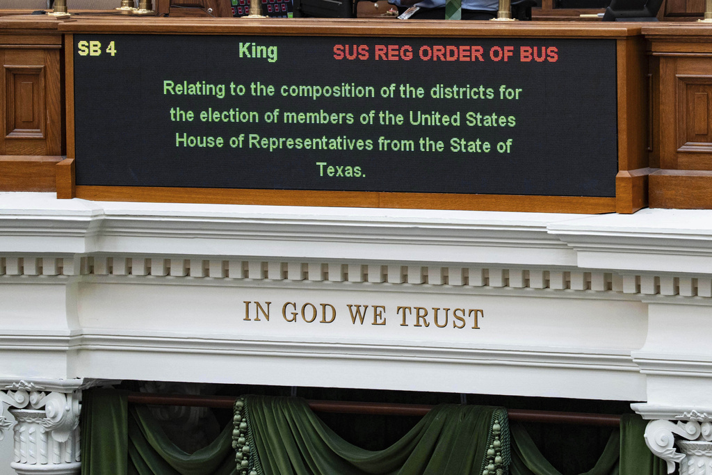 The redistricting bill is brought up on the agenda in the Texas Senate at the Texas Capitol in Austin, Tuesday, Aug. 12, 2025. (Mikala Compton/Austin American-Statesman via AP)
