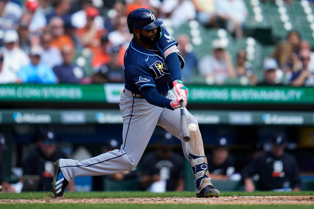 Tampa Bay Rays' Junior Caminero hits a single against the Detroit Tigers during the sixth inning of a baseball game Wednesday, Aug. 26, 2026, in Detroit. (AP Photo/Paul Sancya)
