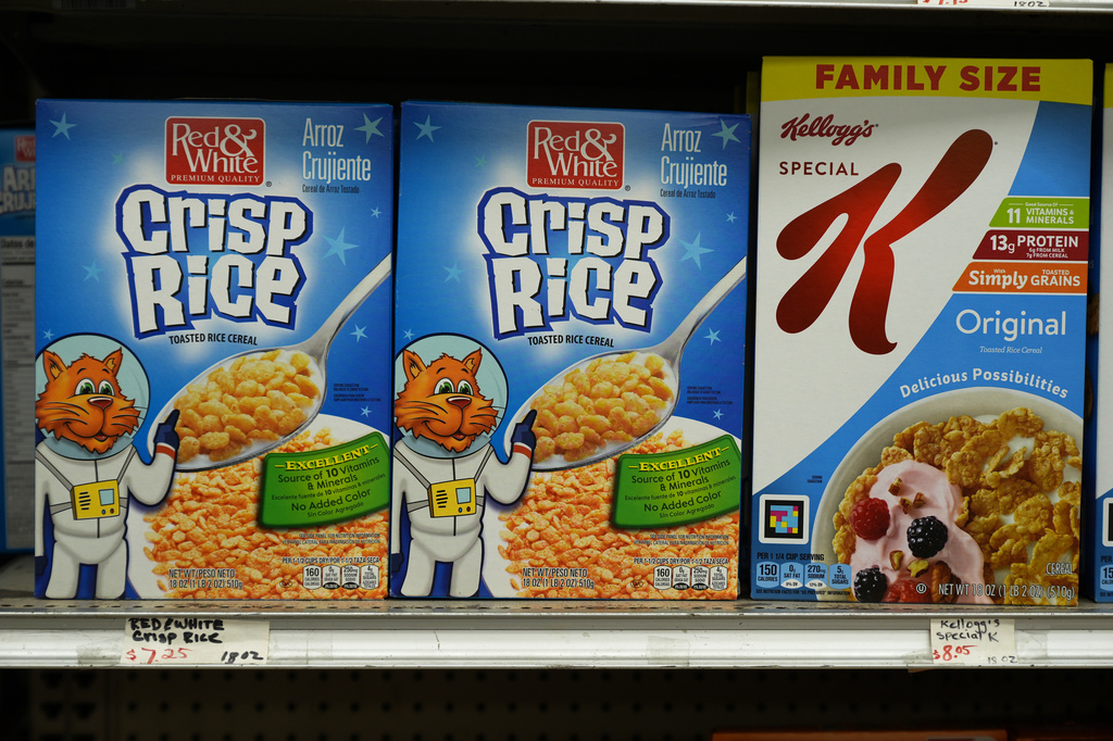 Red & White Crisp Rice cereal is sold for $7.25 per 18-ounce box at a market serving the Central American immigrant community in the Westlake/Pico Union area of Los Angeles, Tuesday, April 7, 2026. (AP Photo/Damian Dovarganes)
