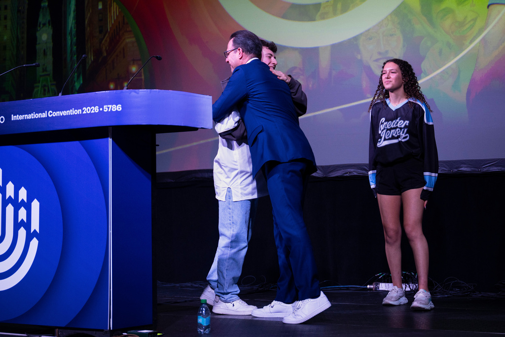 Pennsylvania Gov. Josh Shapiro greets speakers during a B'nai B'rith Youth Organization International Convention on Thursday, Feb. 12, 2026, in Philadelphia. (AP Photo/Joe Lamberti)
