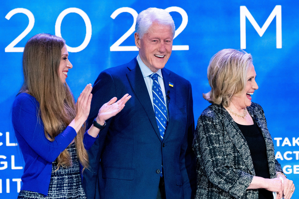 FILE - Chelsea, Bill and Hillary Clinton at the Clinton Global Initiative, Tuesday, Sept. 20, 2022, in New York. (AP Photo/Julia Nikhinson, File)