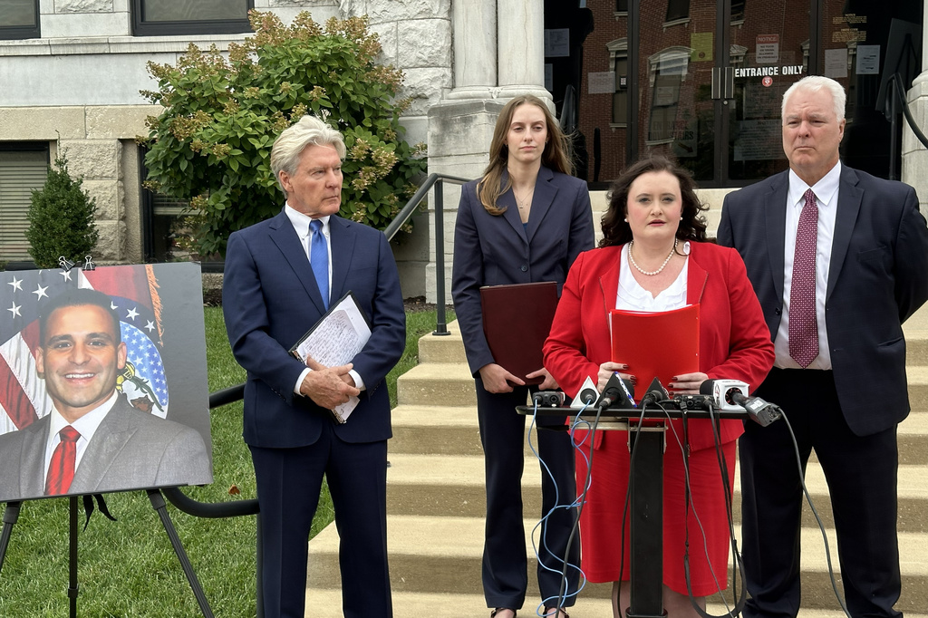 This photo taken with a smartphone shows attorney Erin N. Vernon speaking with reporters Monday, Sept. 14, 2026, at the Cole County Courthouse in Jefferson City, Mo. (AP Photo/David A. Lieb)