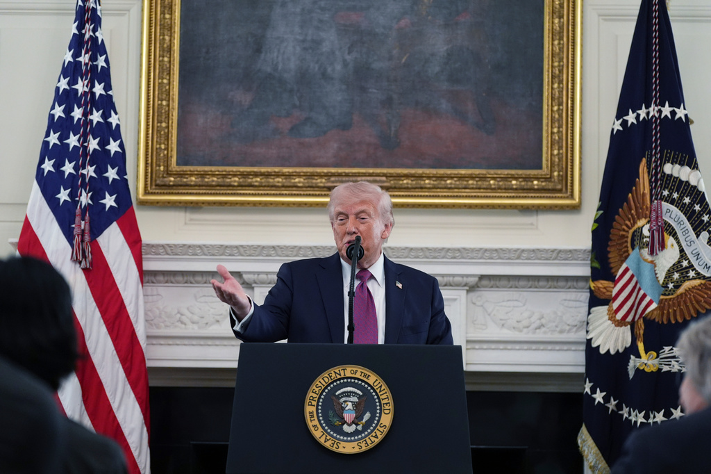 President Donald Trump speaks during an event for NCAA national champions in the State Dining Room of the White House, Tuesday, April 21, 2026, in Washington. (AP Photo/Alex Brandon)