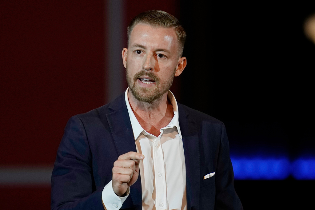 FILE - Ryan Walters, Republican candidate for Oklahoma State Superintendent, speaks at a rally, Nov. 1, 2022, in Oklahoma City. (AP Photo/Sue Ogrocki, File)