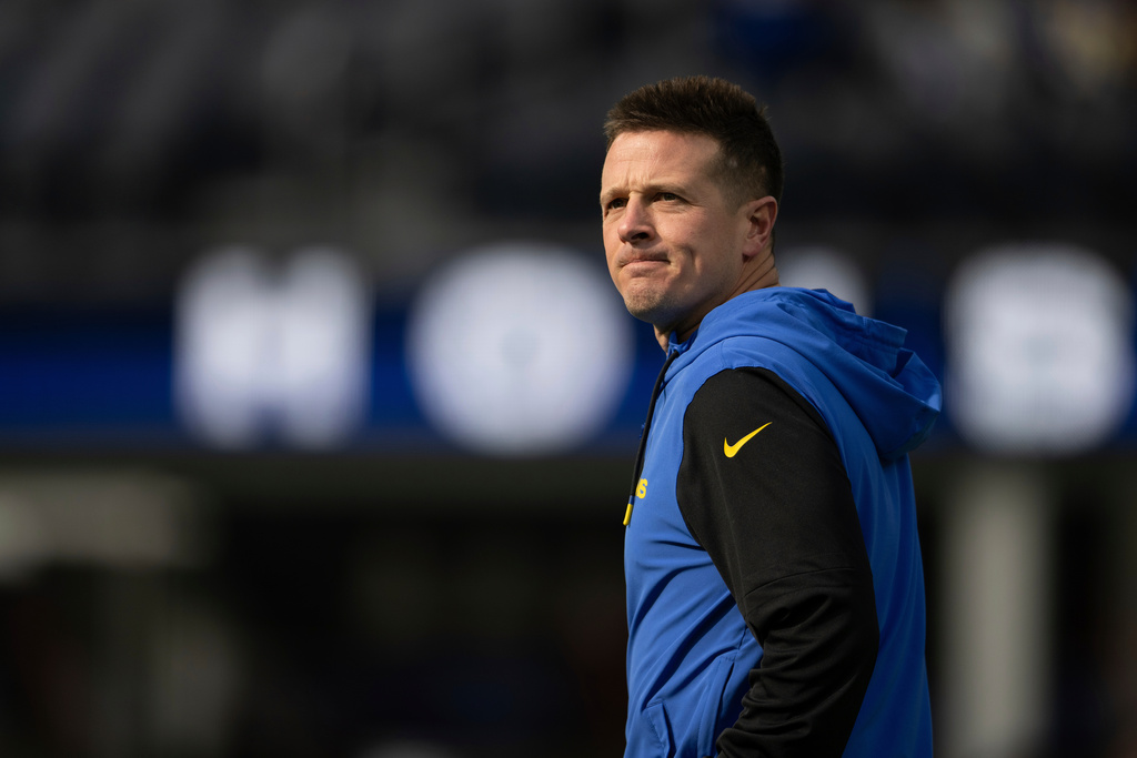FILE - Los Angeles Rams offensive coordinator Mike LaFleur walks on the field before an NFL football game against the Seattle Seahawks Jan. 5, 2025, in Inglewood, Calif. (AP Photo/Kyusung Gong, File)