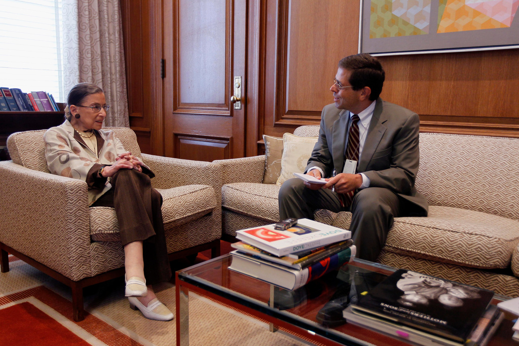 FILE - Supreme Court Justice Ruth Bader Ginsburg is interviewed by Associated Press writer Mark Sherman in her chambers in Washington, Aug. 3, 2010. (AP Photo/Alex Brandon, File)
