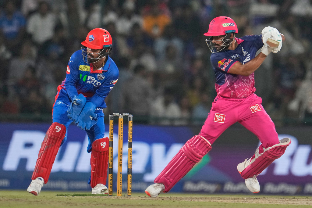 Rajasthan Royals' Dhruv Jurel plays a shot during the Indian Premier League cricket match between Delhi Capitals and Rajasthan Royals in New Delhi, India, Sunday, May 17, 2026. (AP Photo/Manish Swarup)