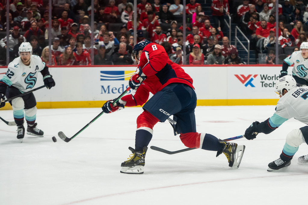 Washington Capitals left wing Alex Ovechkin (8) in action during the first period of an NHL hockey game against the Seattle Kraken, Sunday, Oct. 11, 2026, in Washington. (AP Photo/Nathan Howard)