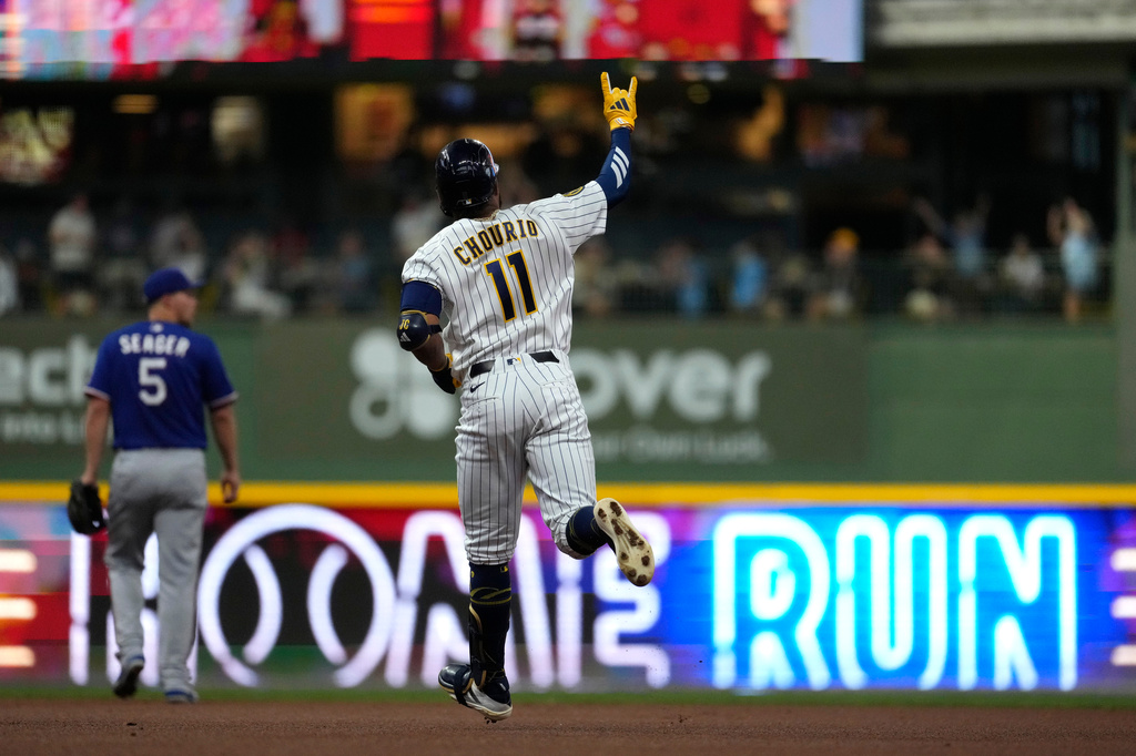 Milwaukee Brewers' Jackson Chourio rounds the bases after hitting a solo home run during the first inning of a baseball game against the Texas Rangers, Saturday, Aug. 29, 2026, in Milwaukee. (AP Photo/Aaron Gash)